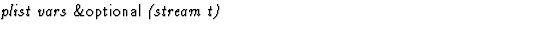 $\textstyle\parbox{\pboxargslen}{\em plist vars {\sf \&optional} (stream t) \/}$